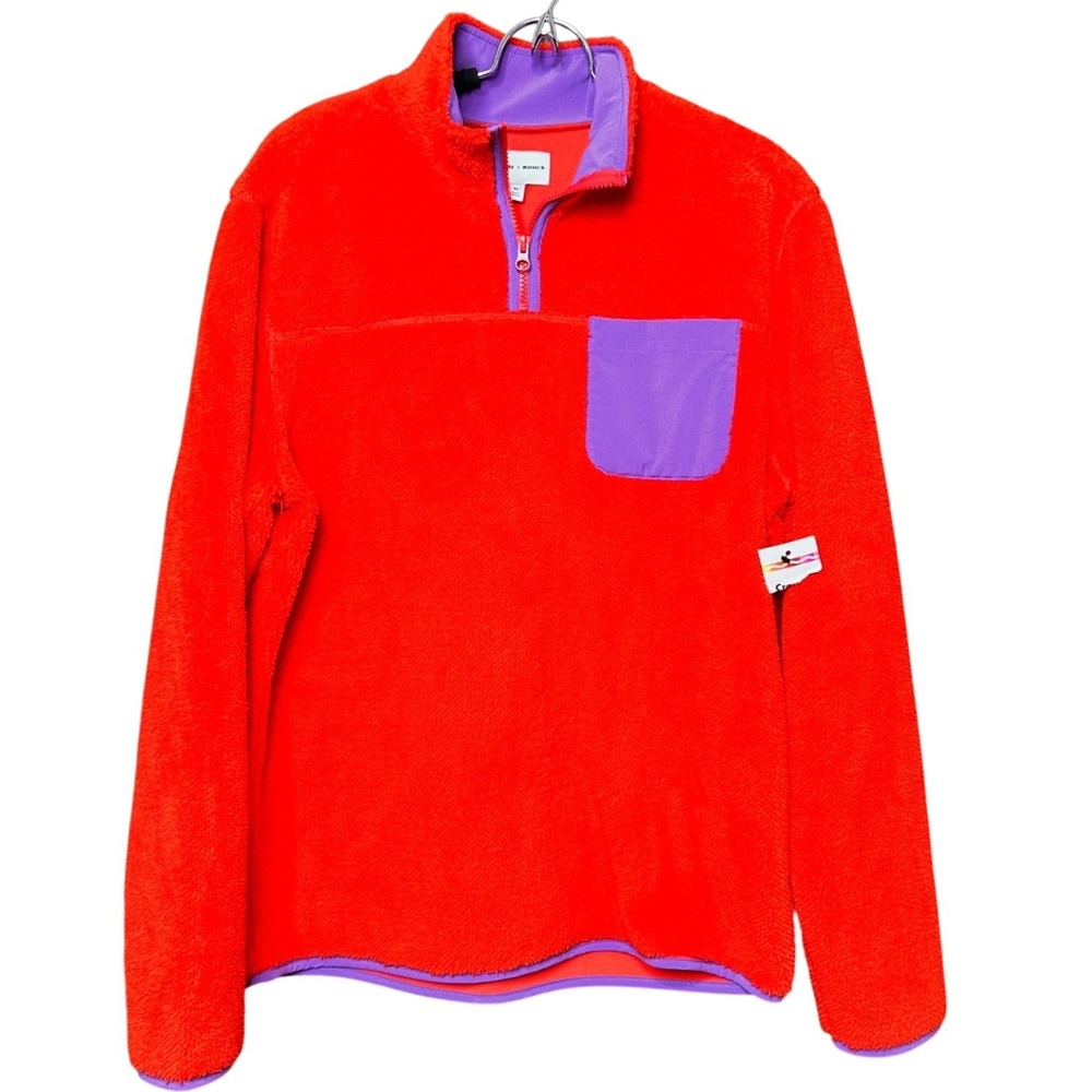 Crayola x Kohls Mens Med Red Purple Colorblock Faux Fur Fleece 1/4 Zip Pullover